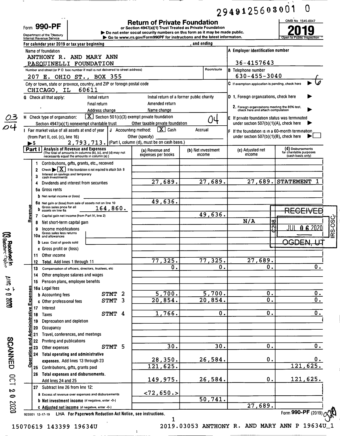 Image of first page of 2019 Form 990PR for Anthony R and Mary Ann Pasquinelli Foundation