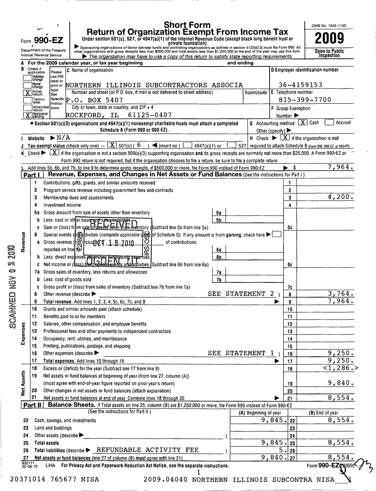 Image of first page of 2009 Form 990EO for Northern Illinois Subcontractors Association