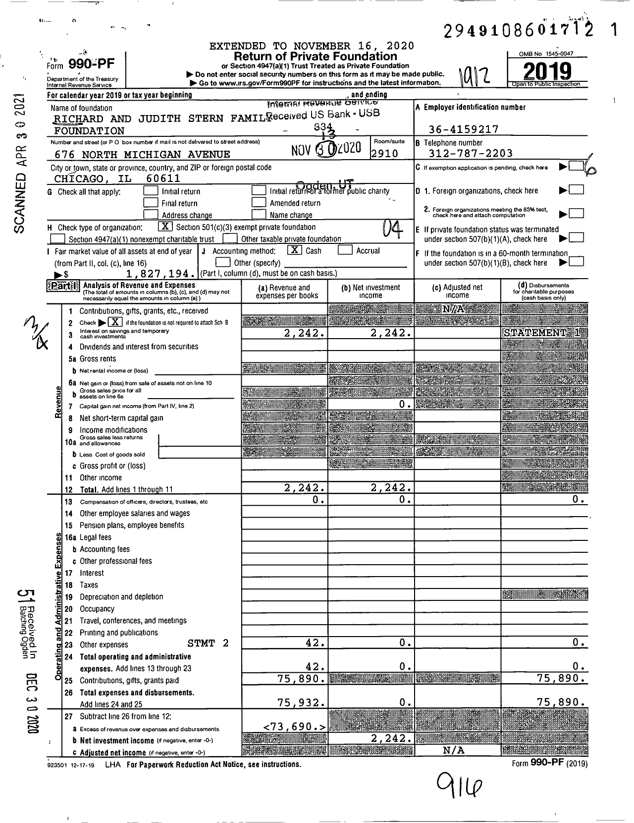 Image of first page of 2019 Form 990PF for Richard and Judith Stern Family Foundation