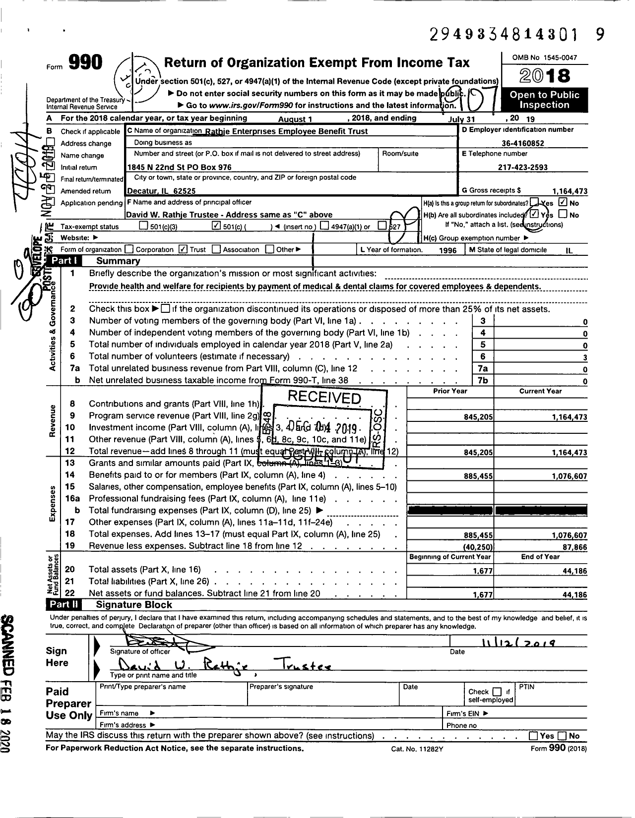 Image of first page of 2018 Form 990O for Rathje Enterprises Employee Benefit Trust