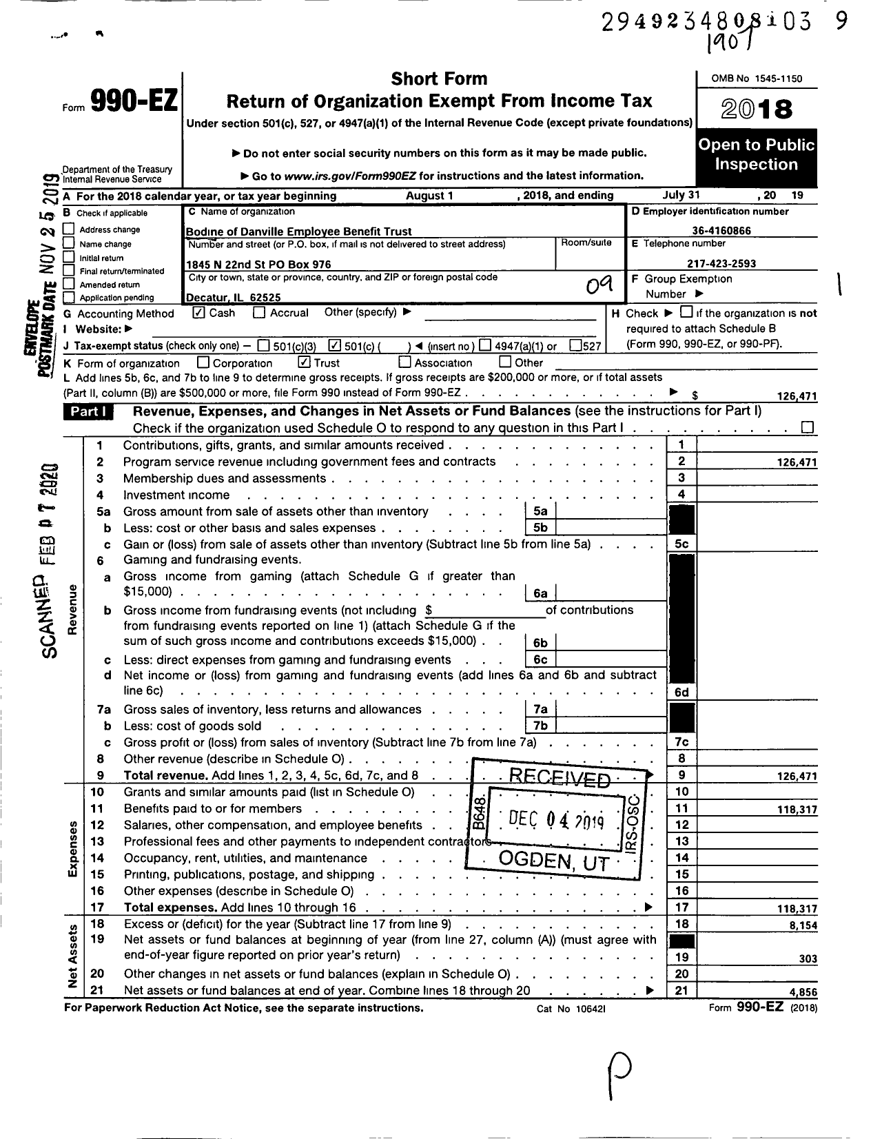Image of first page of 2018 Form 990EO for Bodine of Danville Employee Benefit Trust