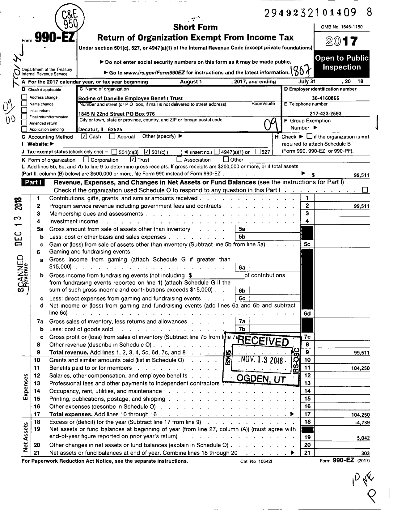 Image of first page of 2017 Form 990EO for Bodine of Danville Employee Benefit Trust
