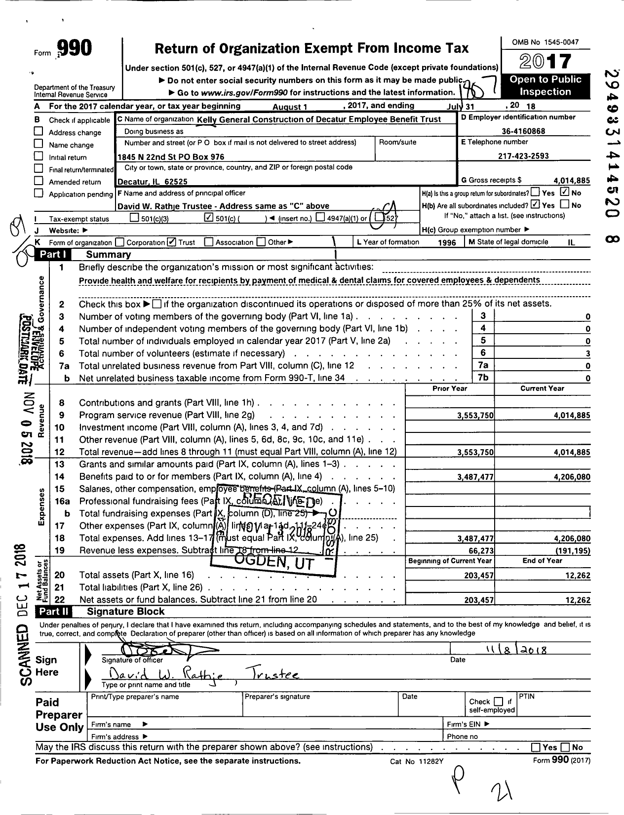 Image of first page of 2017 Form 990EO for Kelly General Construction of Decatur Employee Benefit Trust