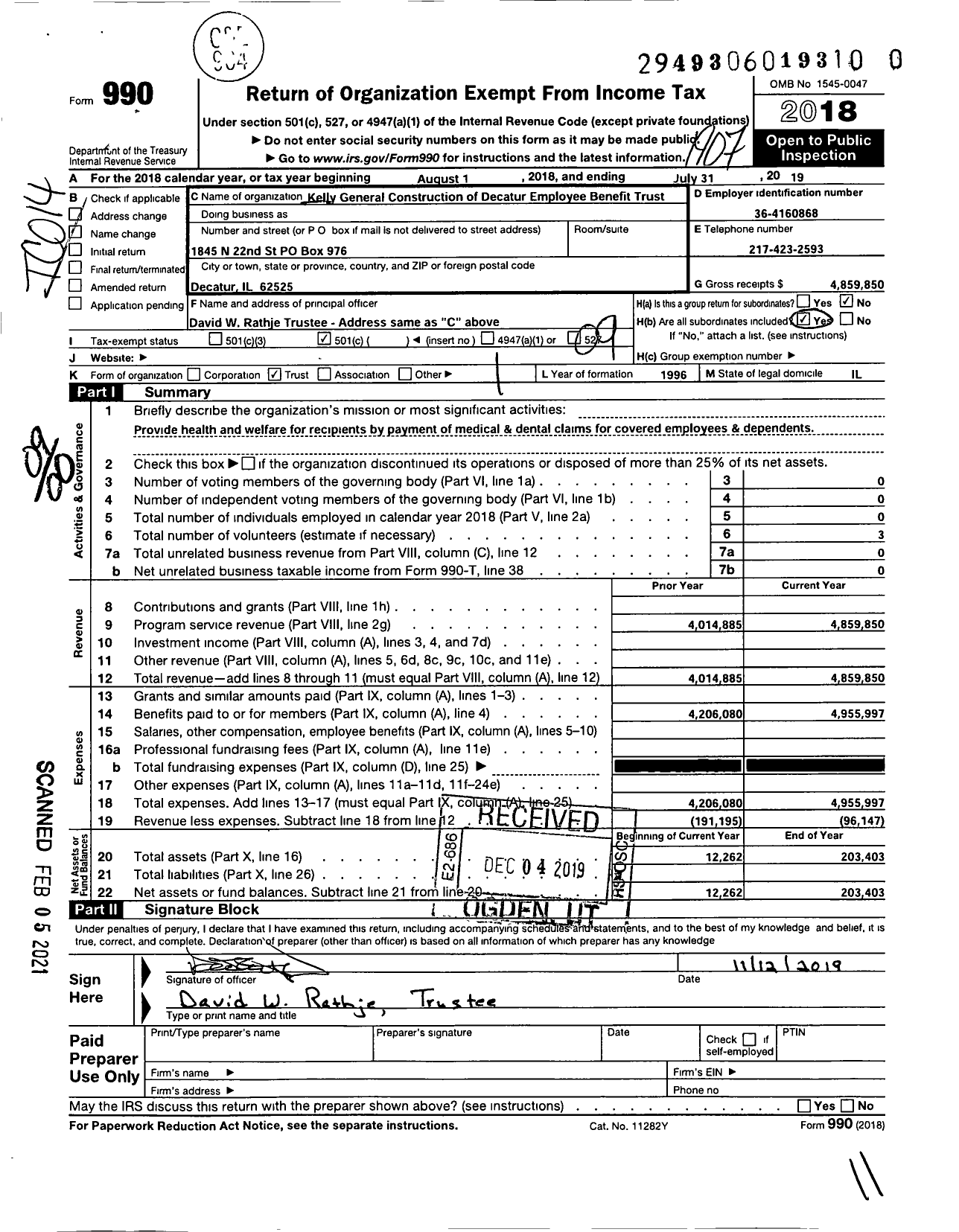 Image of first page of 2018 Form 990O for Kelly General Construction of Decatur Employee Benefit Trust