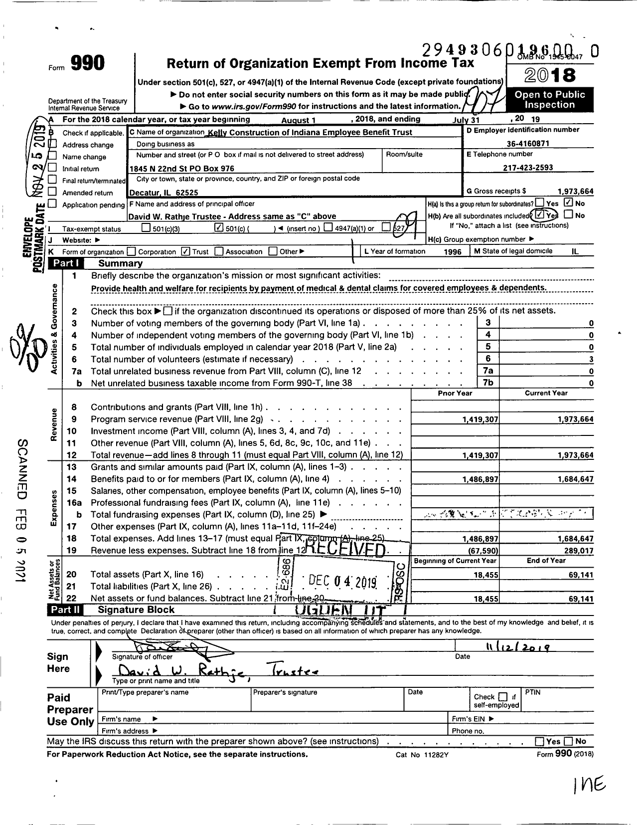 Image of first page of 2018 Form 990O for Kelly Construction Of Indiana Employee Benefit Trust