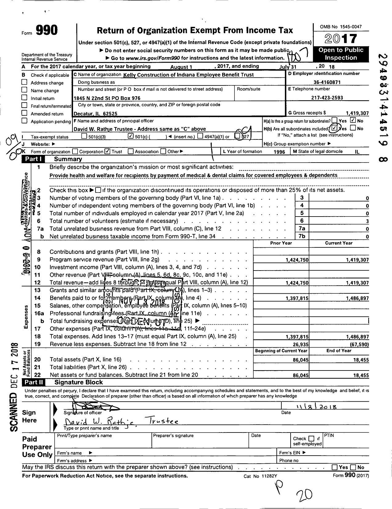 Image of first page of 2017 Form 990EO for Kelly Construction Of Indiana Employee Benefit Trust