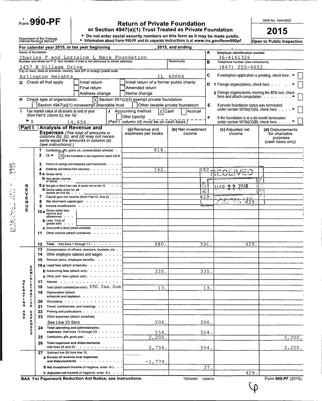 Image of first page of 2015 Form 990PF for Charles F and Lorraine L Beck Foundation