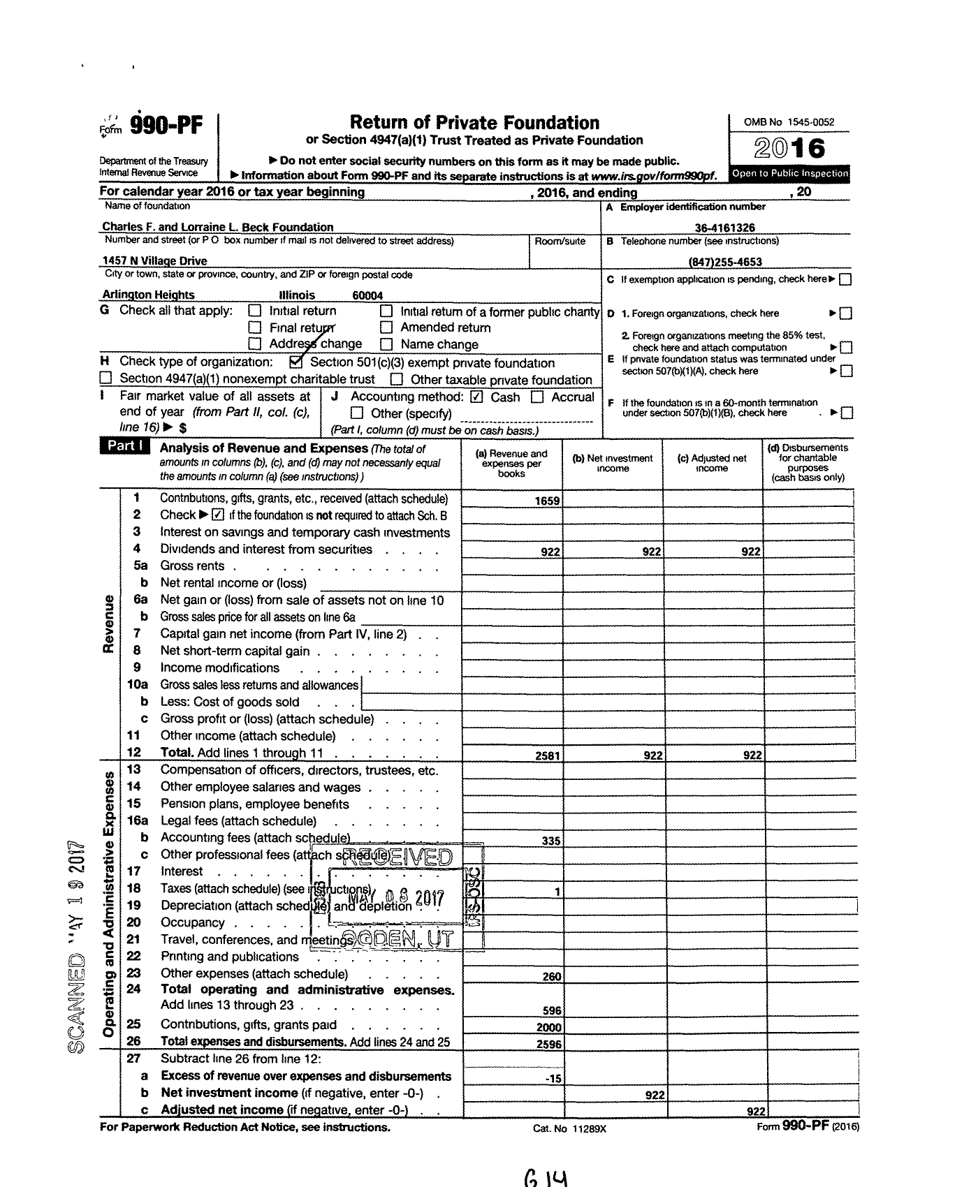 Image of first page of 2016 Form 990PF for Charles F and Lorraine L Beck Foundation