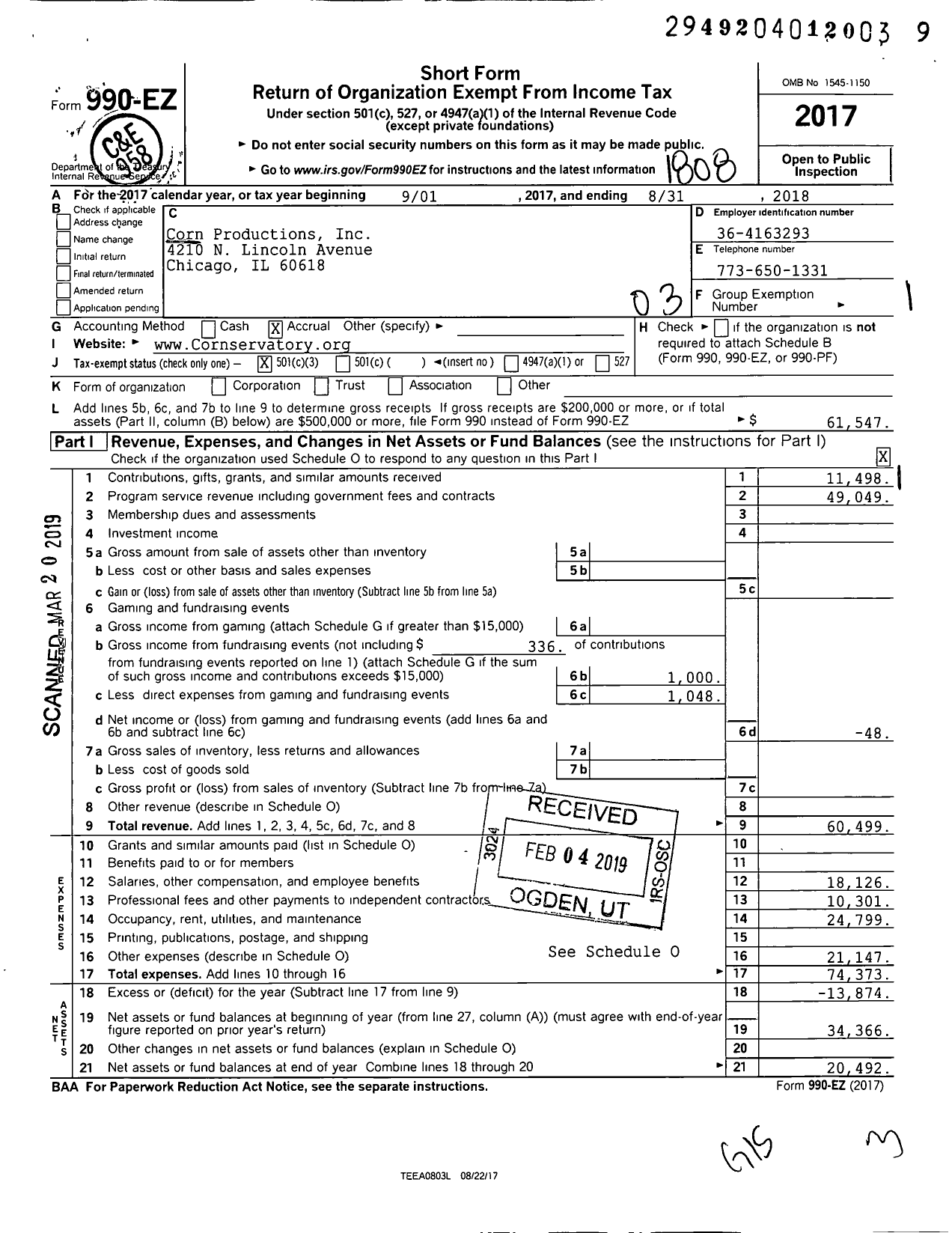 Image of first page of 2017 Form 990EZ for Corn Productions