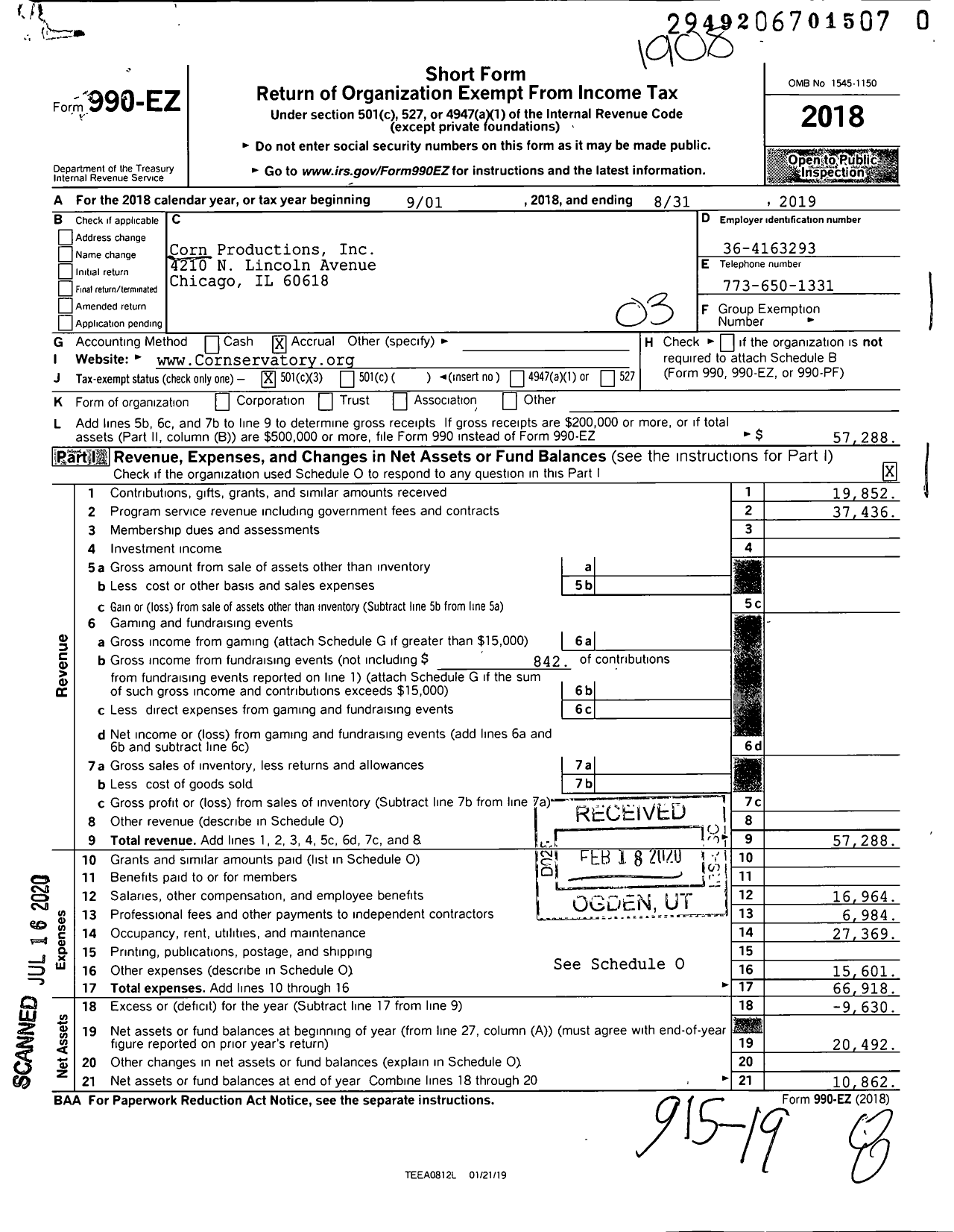 Image of first page of 2018 Form 990EZ for Corn Productions