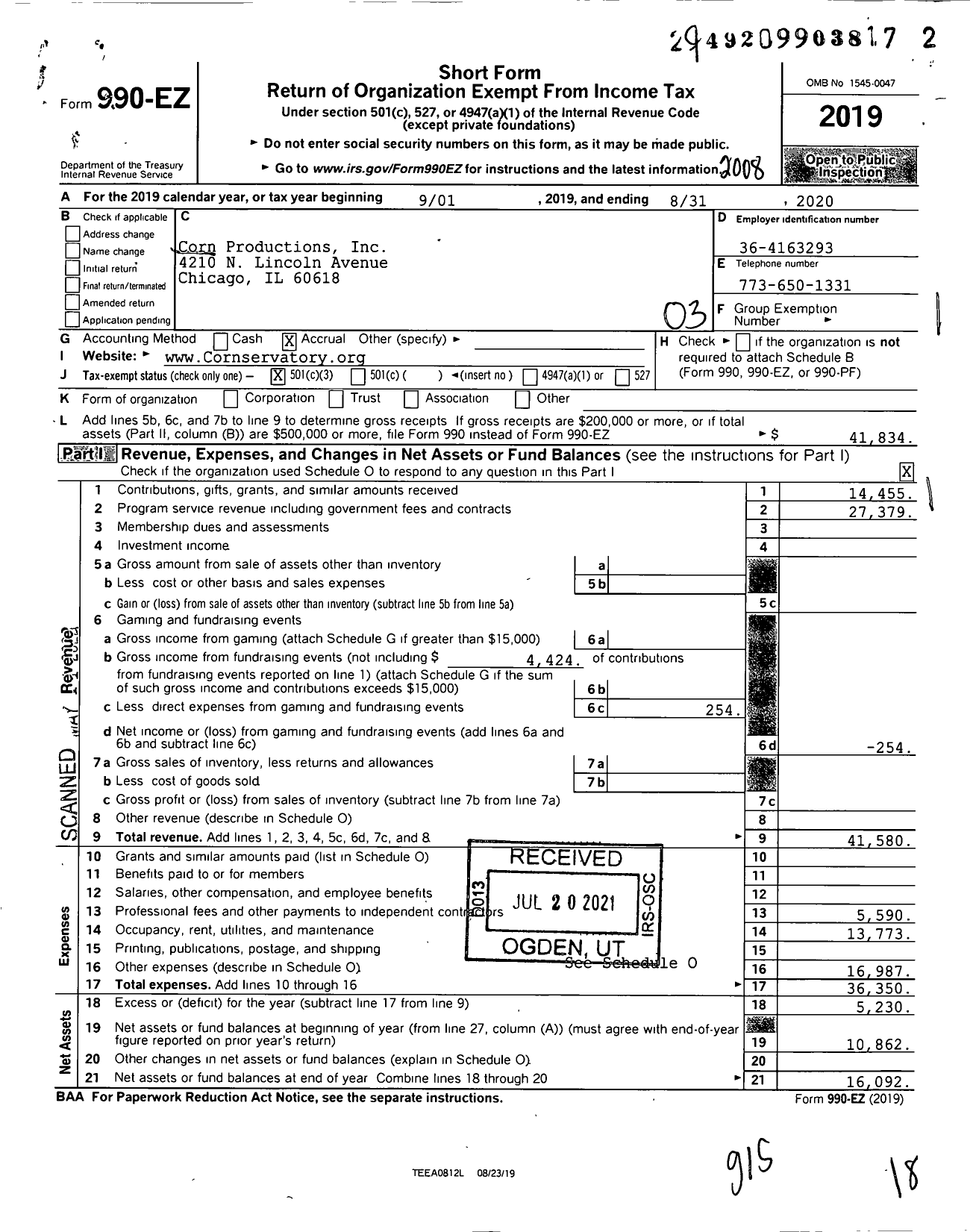 Image of first page of 2019 Form 990EZ for Corn Productions