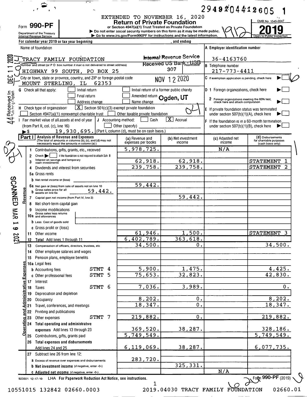 Image of first page of 2019 Form 990PF for Tracy Family Foundation