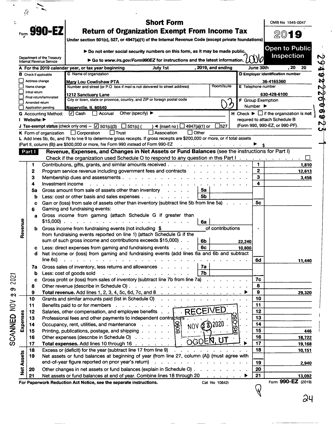 Image of first page of 2019 Form 990EZ for Illinois PTA - Cowlishaw PTA