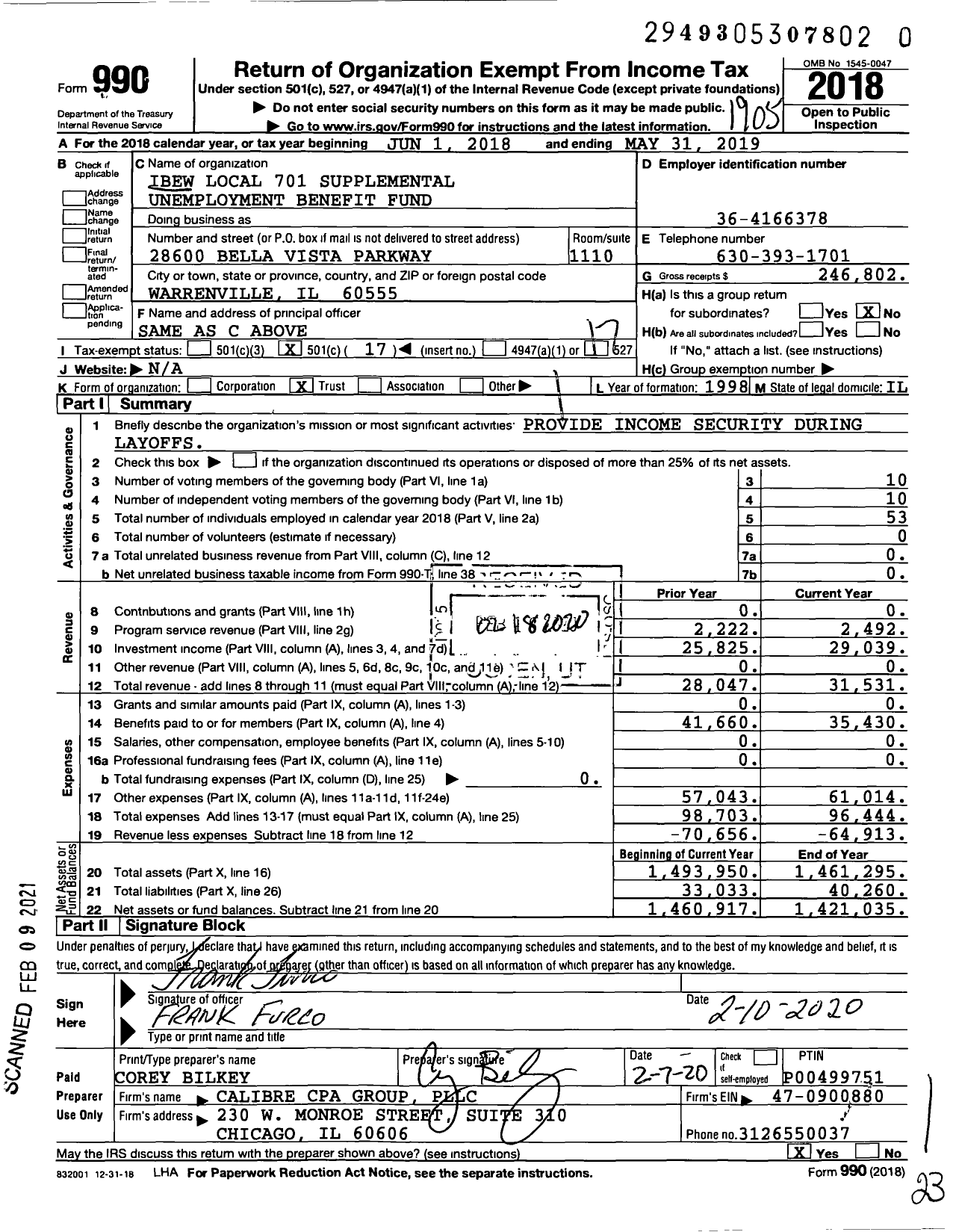 Image of first page of 2018 Form 990O for IBEW Local 701 Supplemental Unemployment Benefit Fund