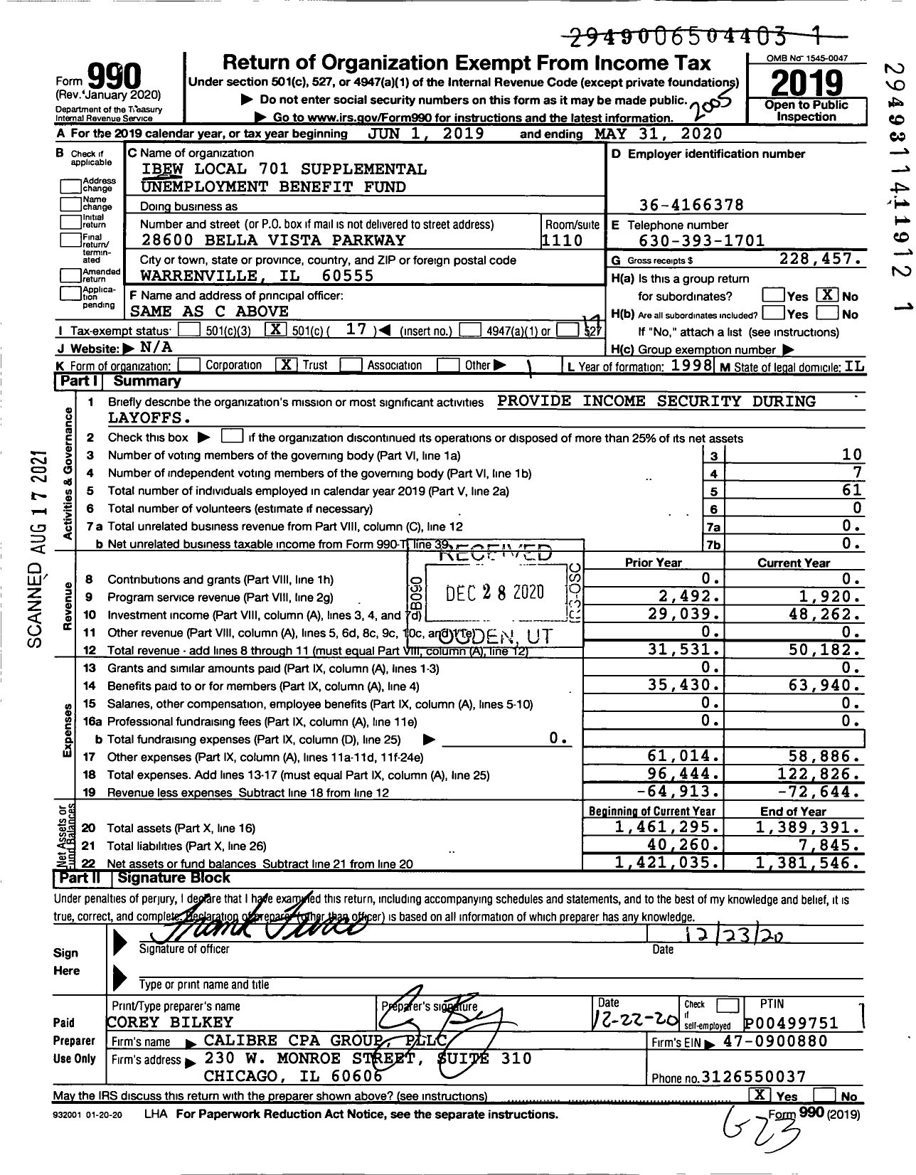 Image of first page of 2019 Form 990O for IBEW Local 701 Supplemental Unemployment Benefit Fund