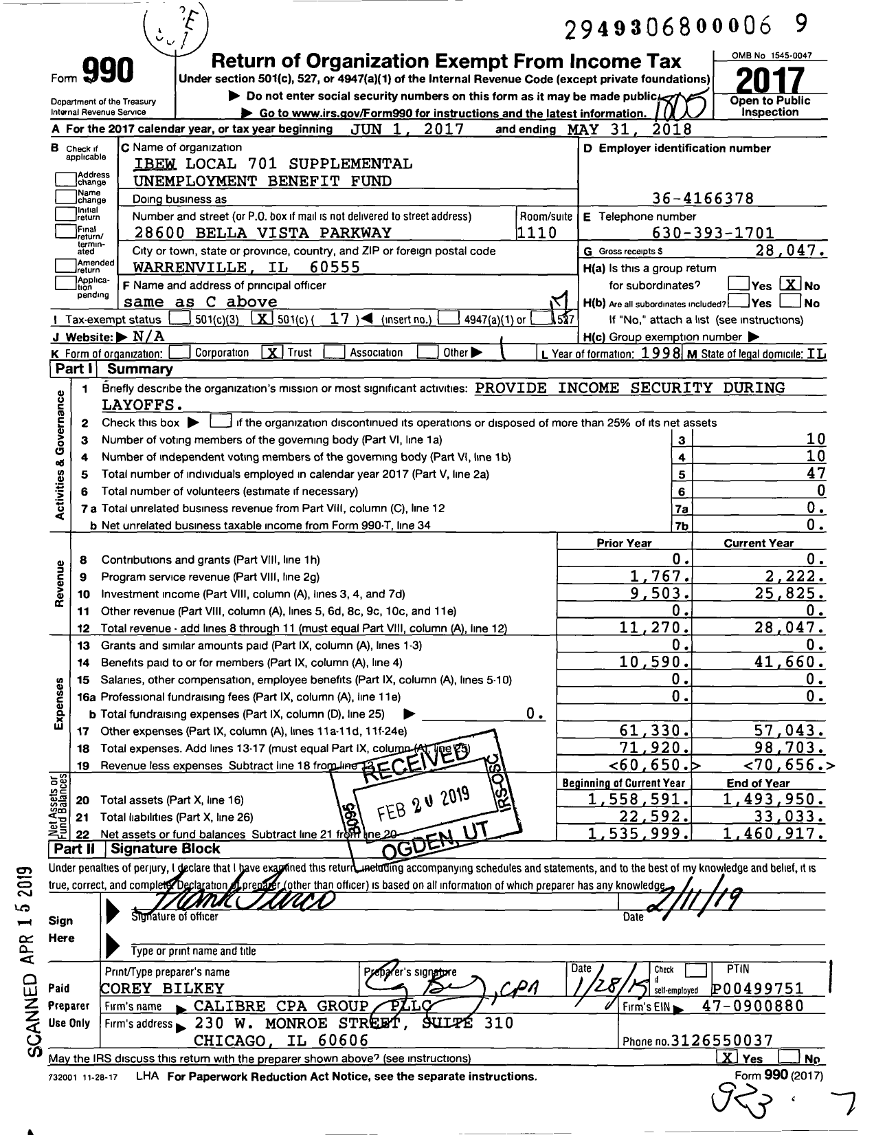 Image of first page of 2017 Form 990O for IBEW Local 701 Supplemental Unemployment Benefit Fund