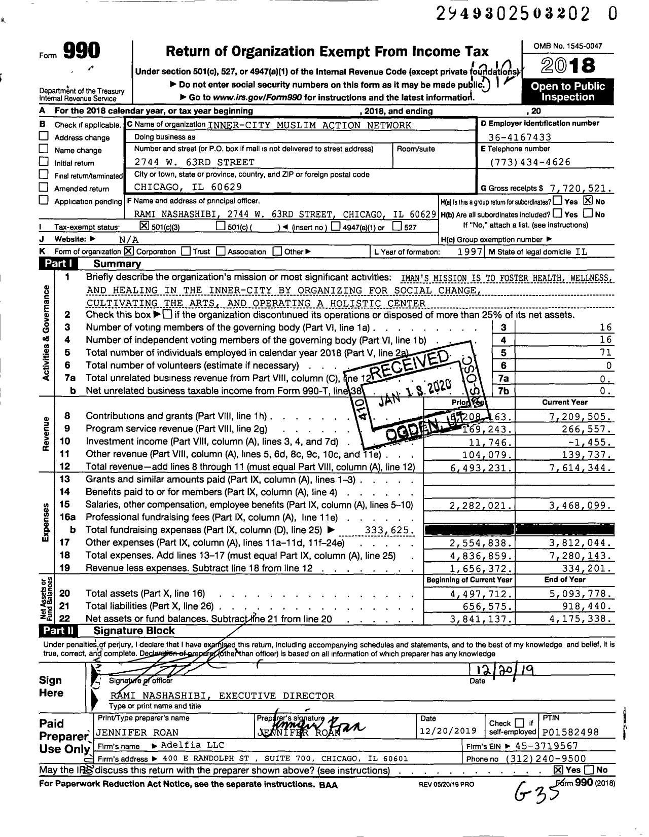 Image of first page of 2018 Form 990 for Inner-City Muslim Action Network (IMAN)