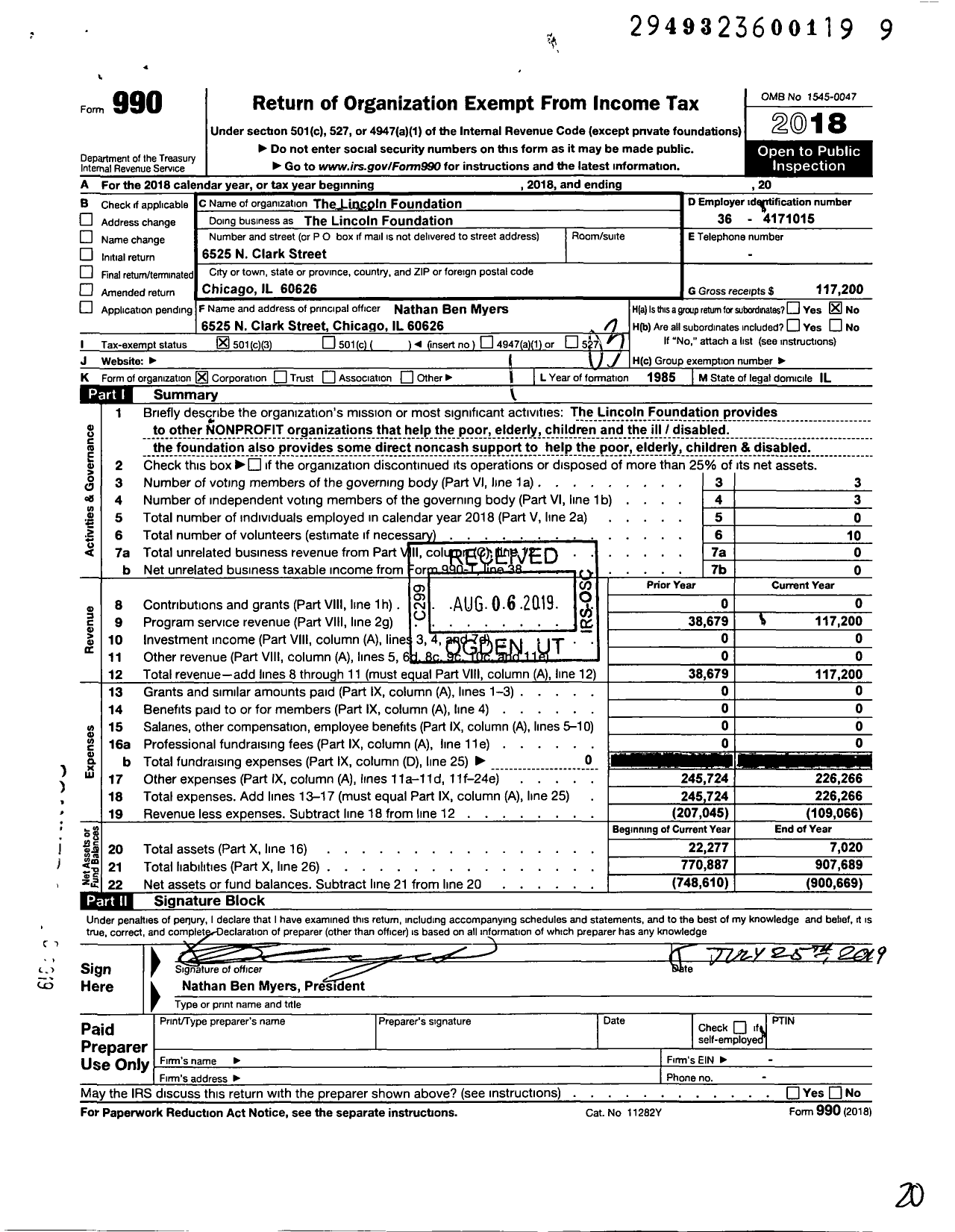 Image of first page of 2018 Form 990 for The Lincoln Foundation