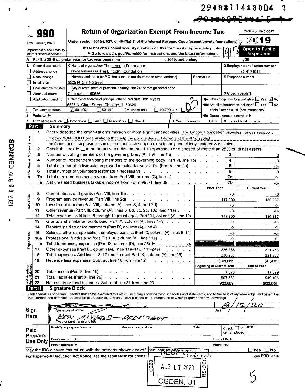 Image of first page of 2019 Form 990 for The Lincoln Foundation