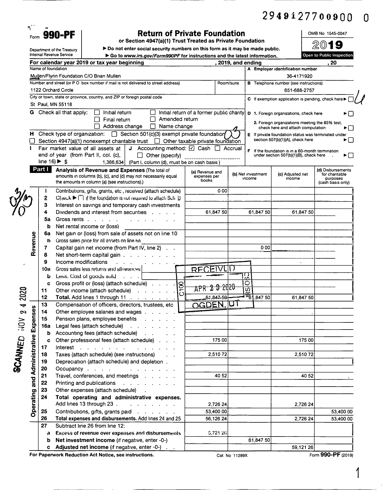 Image of first page of 2019 Form 990PF for The Mullen Flynn Foundation