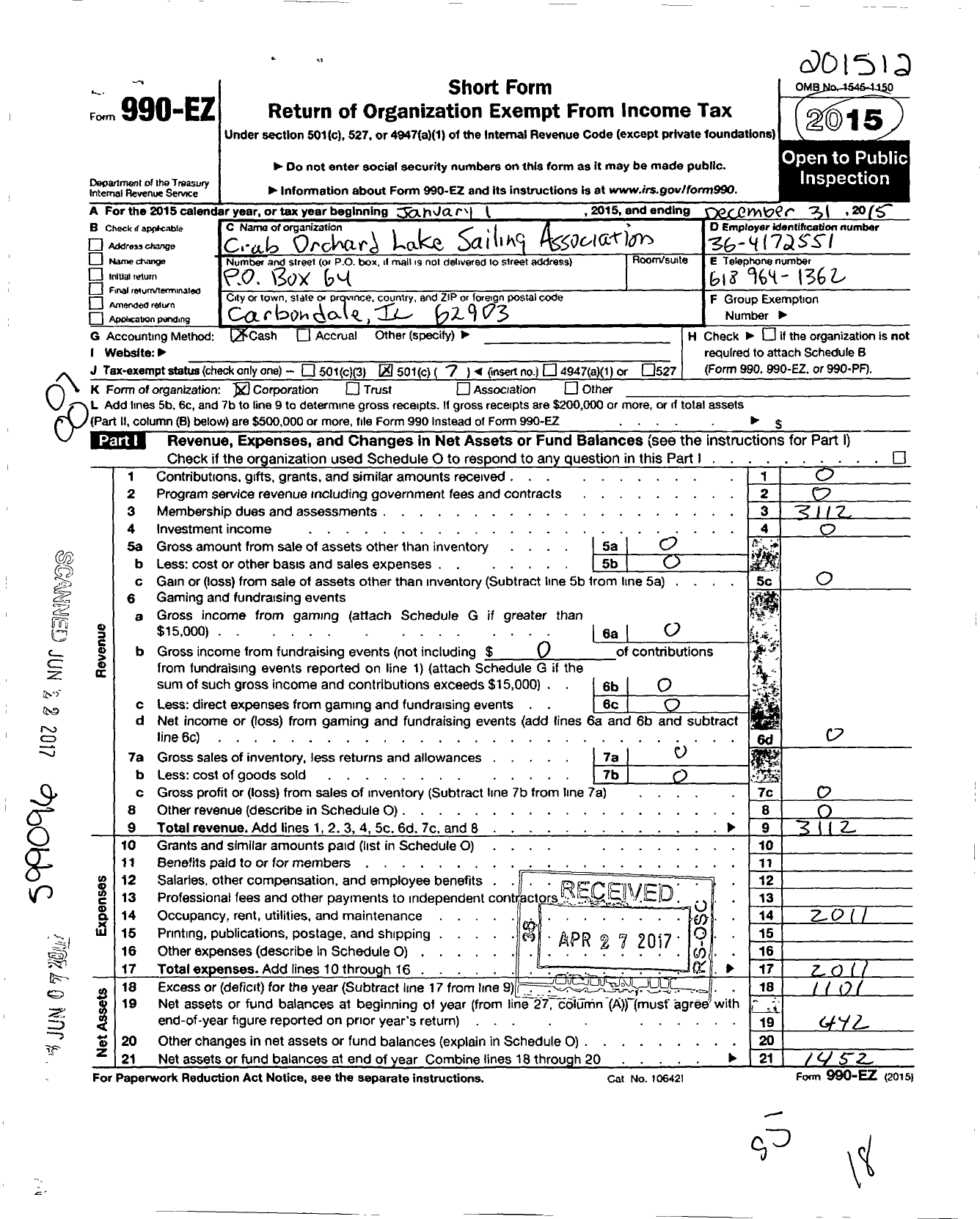 Image of first page of 2015 Form 990EO for Crab Orchard Lake Sailing Association