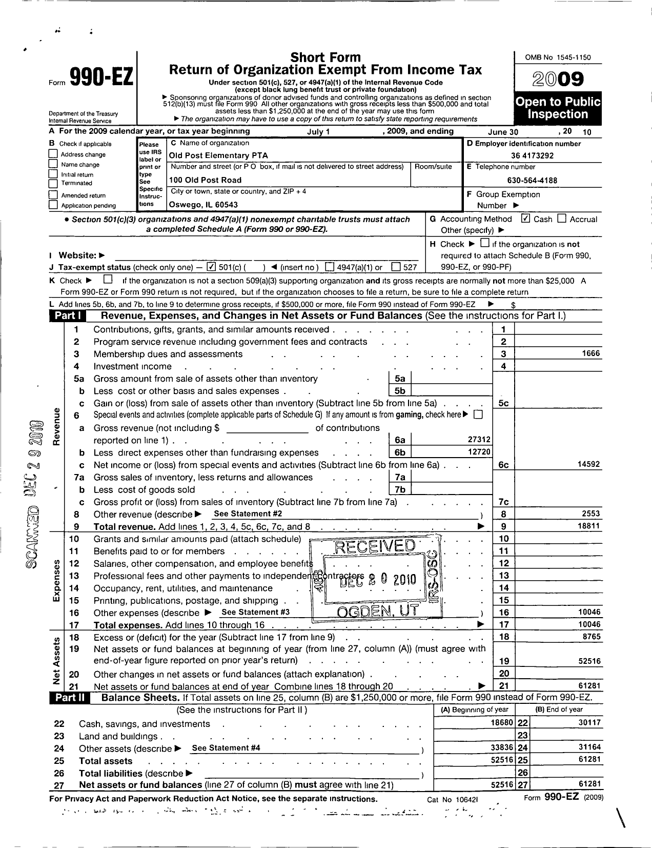 Image of first page of 2009 Form 990EO for Illinois PTA - Old Post PTA