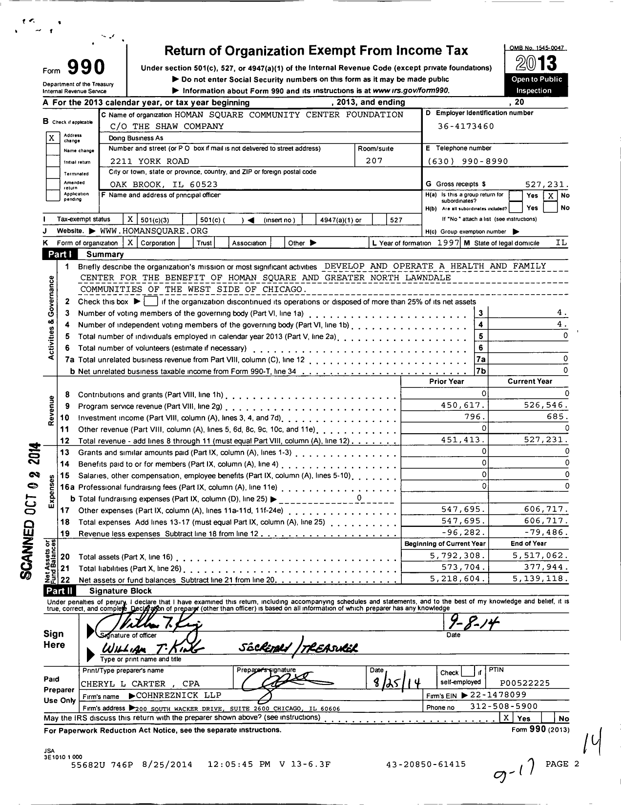 Image of first page of 2013 Form 990 for Homan Square Community Center Foundation