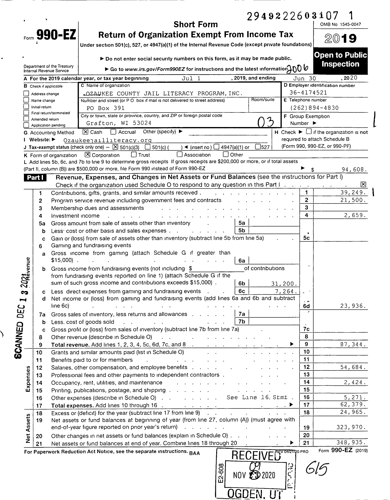 Image of first page of 2019 Form 990EZ for Ozaukee County Jail Literacy Program