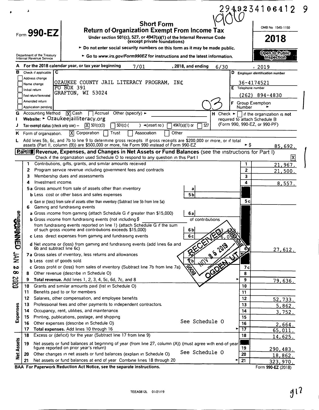 Image of first page of 2018 Form 990EZ for Ozaukee County Jail Literacy Program