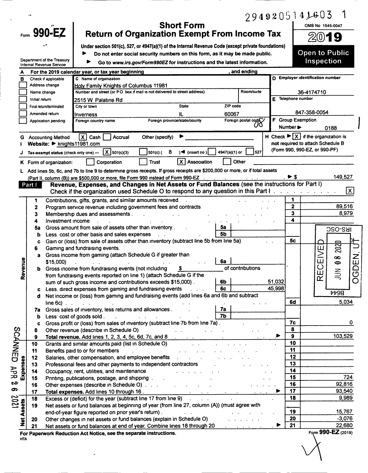 Image of first page of 2019 Form 990EO for Knights of Columbus - 11981 Holy Family Council