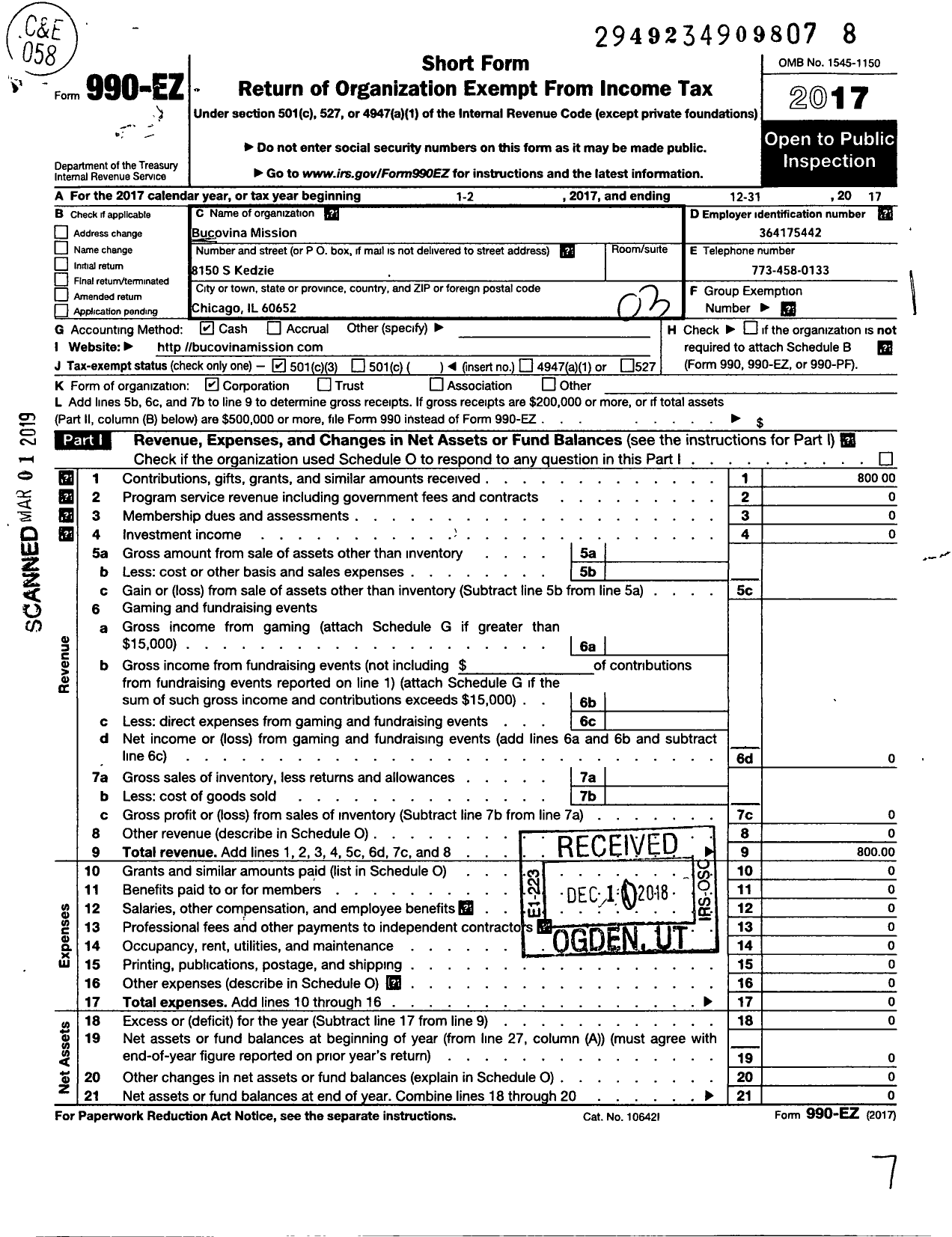 Image of first page of 2017 Form 990EZ for Bucovina Mission