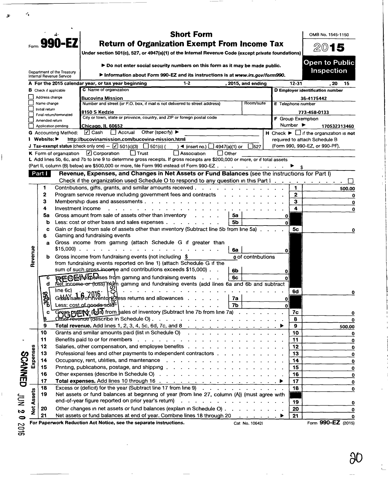 Image of first page of 2015 Form 990EZ for Bucovina Mission