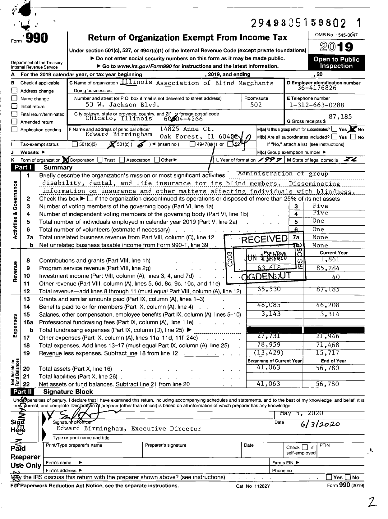 Image of first page of 2019 Form 990O for Illinois Association of Blind Merchants