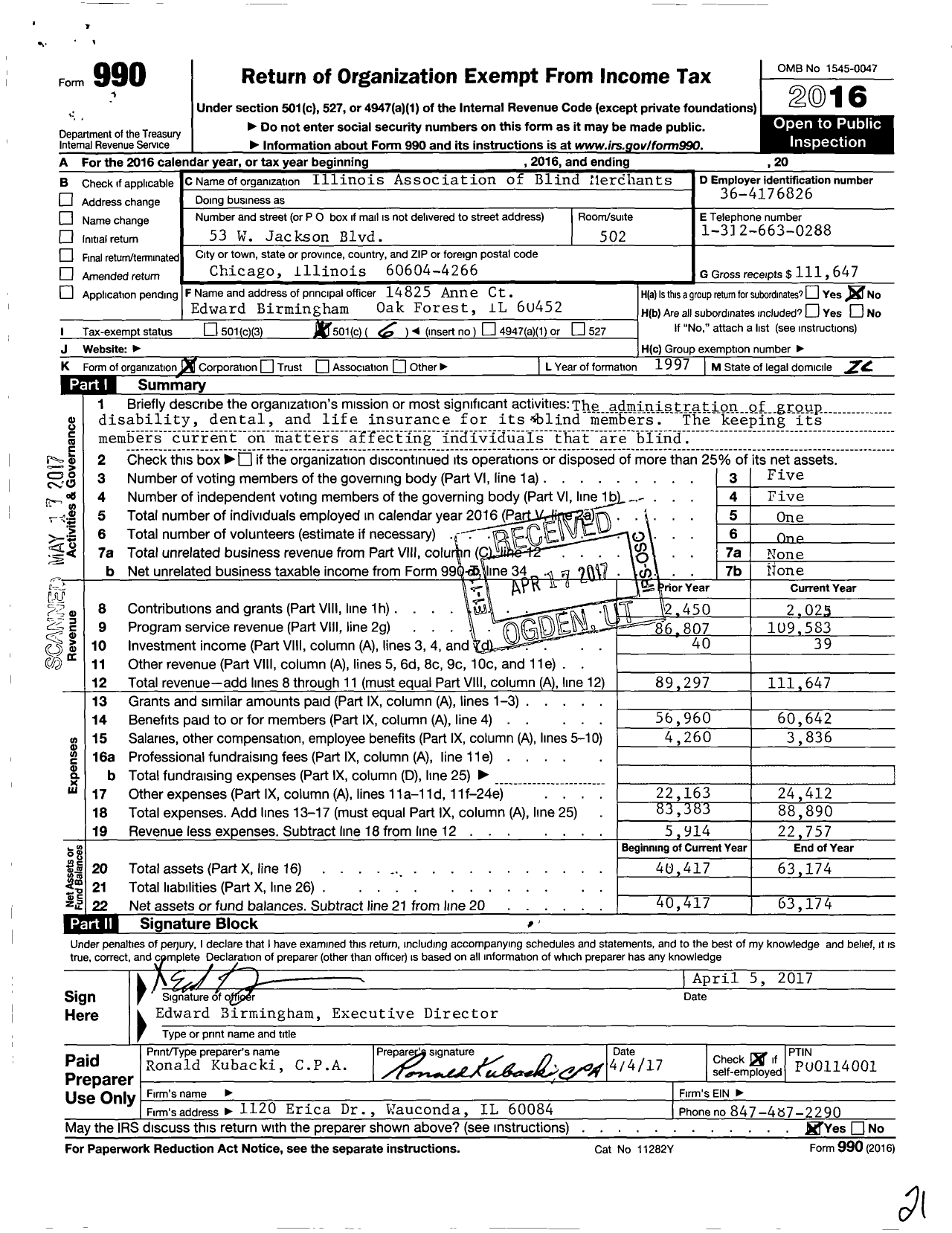 Image of first page of 2016 Form 990O for Illinois Association of Blind Merchants