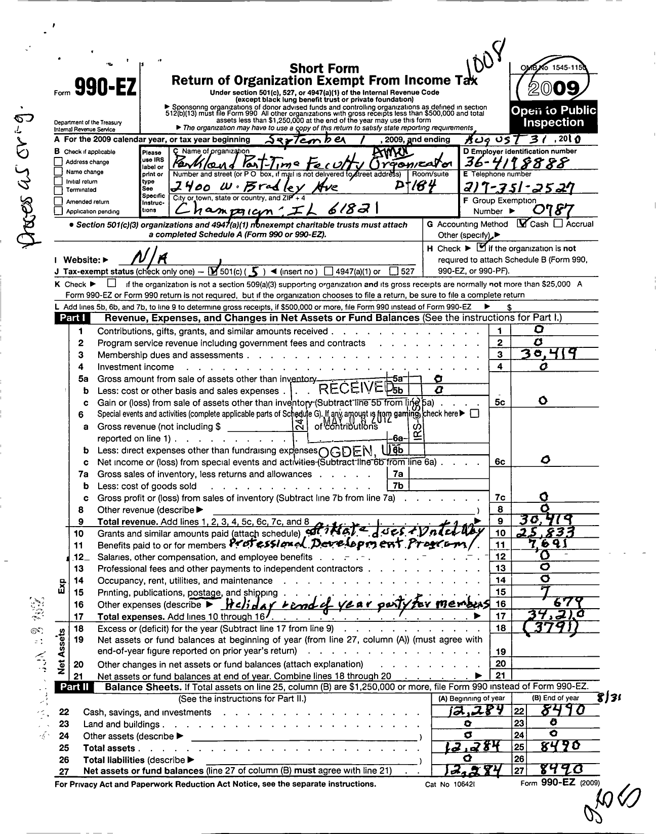 Image of first page of 2009 Form 990EO for American Federation of Teachers - 4927 Parkland Part-Time Faculty Org