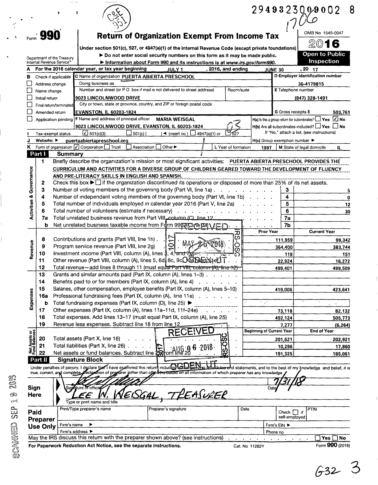 Image of first page of 2016 Form 990 for Puerta Abierta