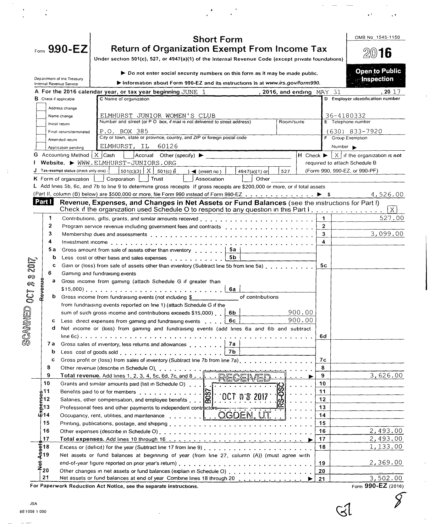 Image of first page of 2016 Form 990EO for Elmhurst Junior Womens Club