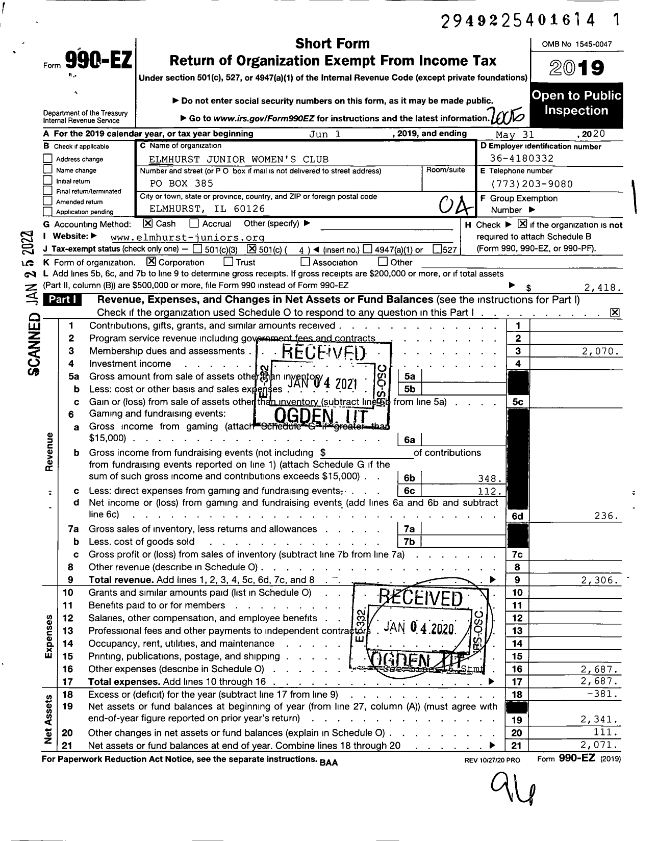 Image of first page of 2019 Form 990EO for Elmhurst Junior Womens Club