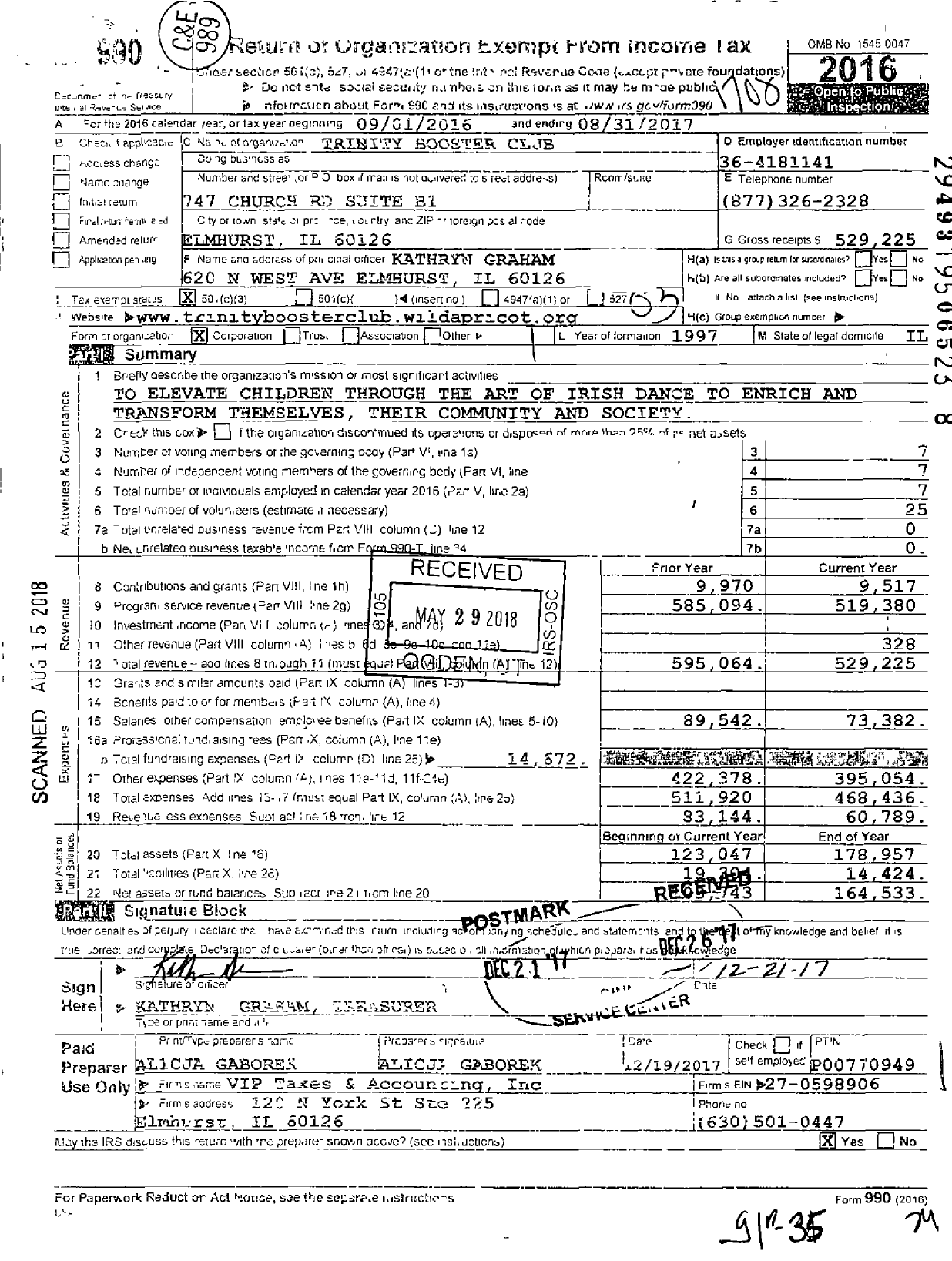 Image of first page of 2016 Form 990 for Trinity Booster Club