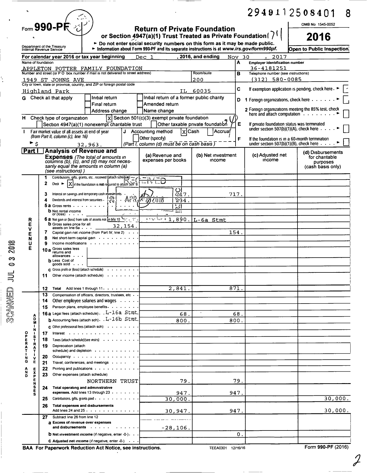 Image of first page of 2016 Form 990PF for Appleton Potter Family Foundation