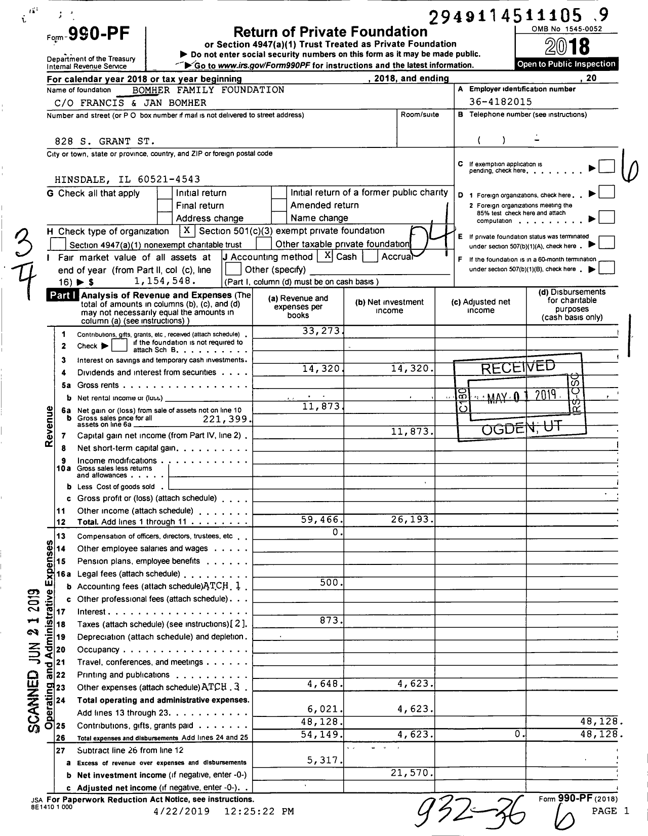 Image of first page of 2018 Form 990PF for Bomher Family Foundation