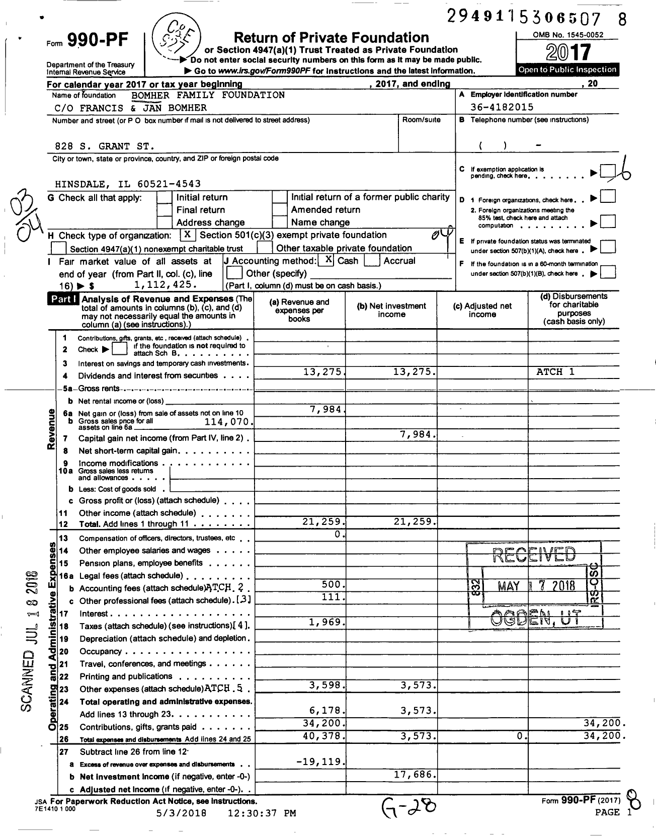 Image of first page of 2017 Form 990PF for Bomher Family Foundation