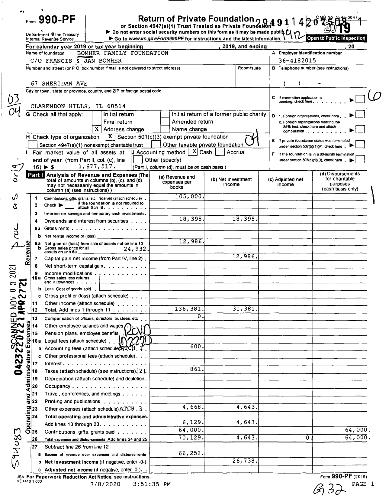 Image of first page of 2019 Form 990PF for Bomher Family Foundation