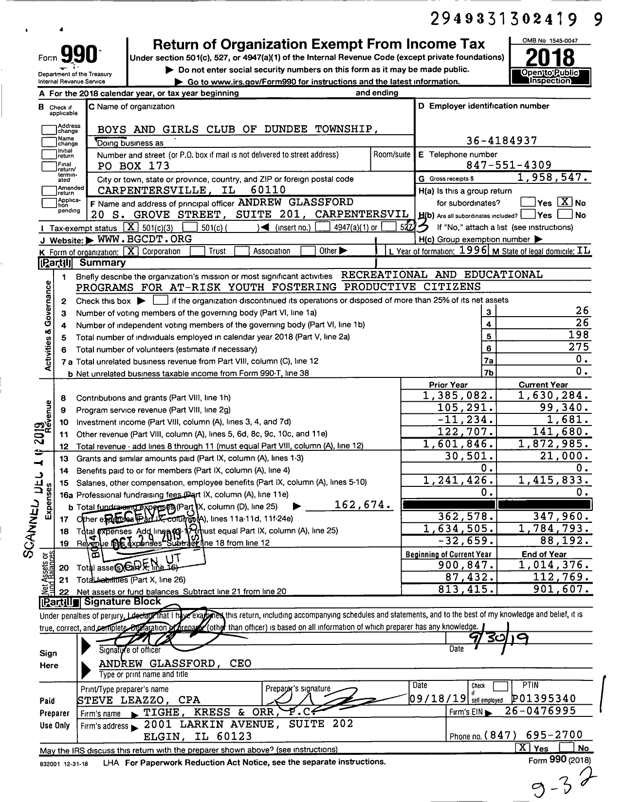 Image of first page of 2018 Form 990 for Boys and Girls Club of Dundee Township