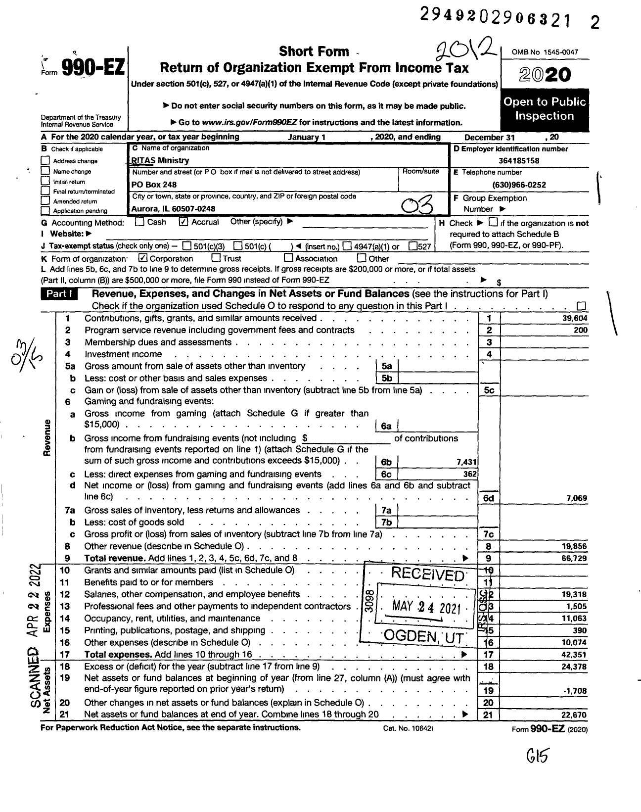 Image of first page of 2020 Form 990EZ for Ritas Ministry