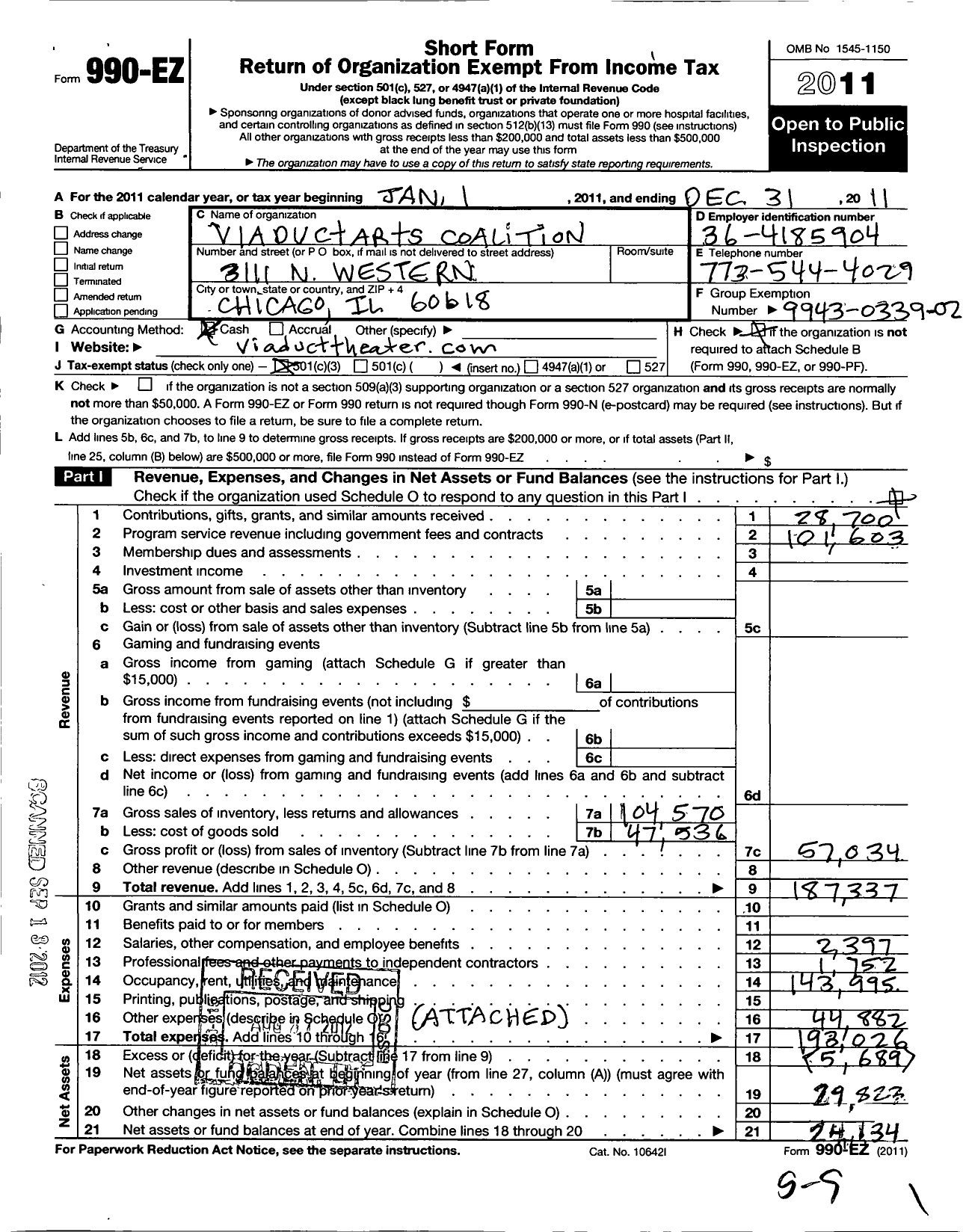 Image of first page of 2011 Form 990EZ for Viaduct Arts Coalition