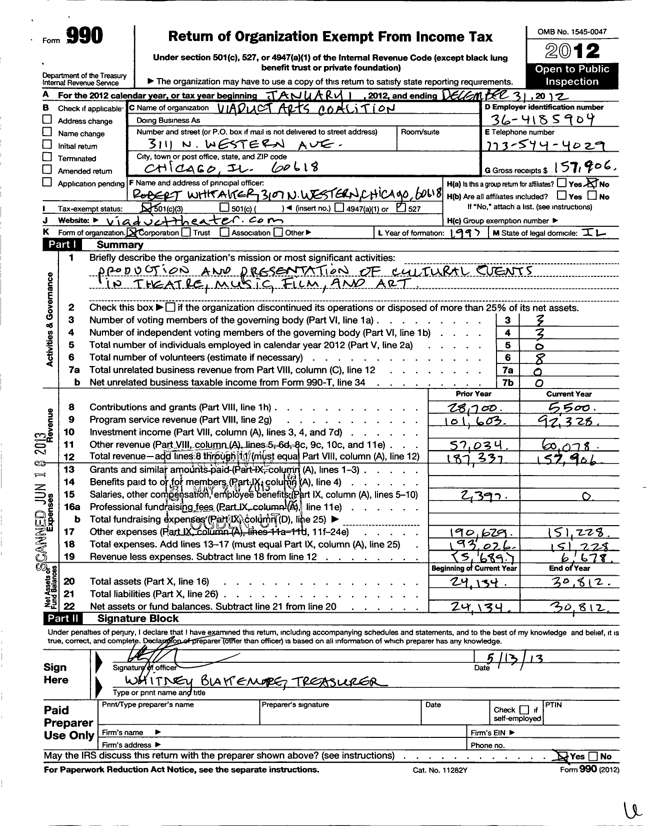 Image of first page of 2012 Form 990 for Viaduct Arts Coalition