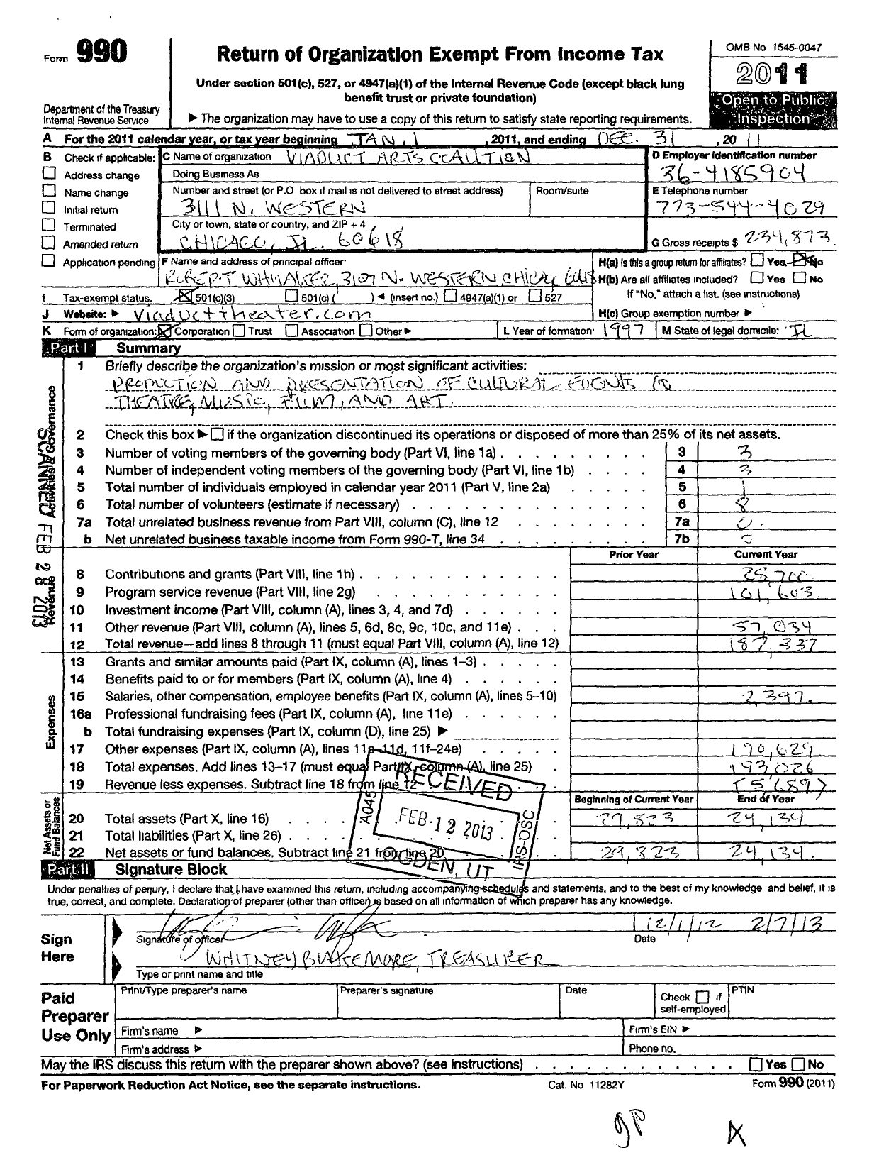 Image of first page of 2011 Form 990 for Viaduct Arts Coalition