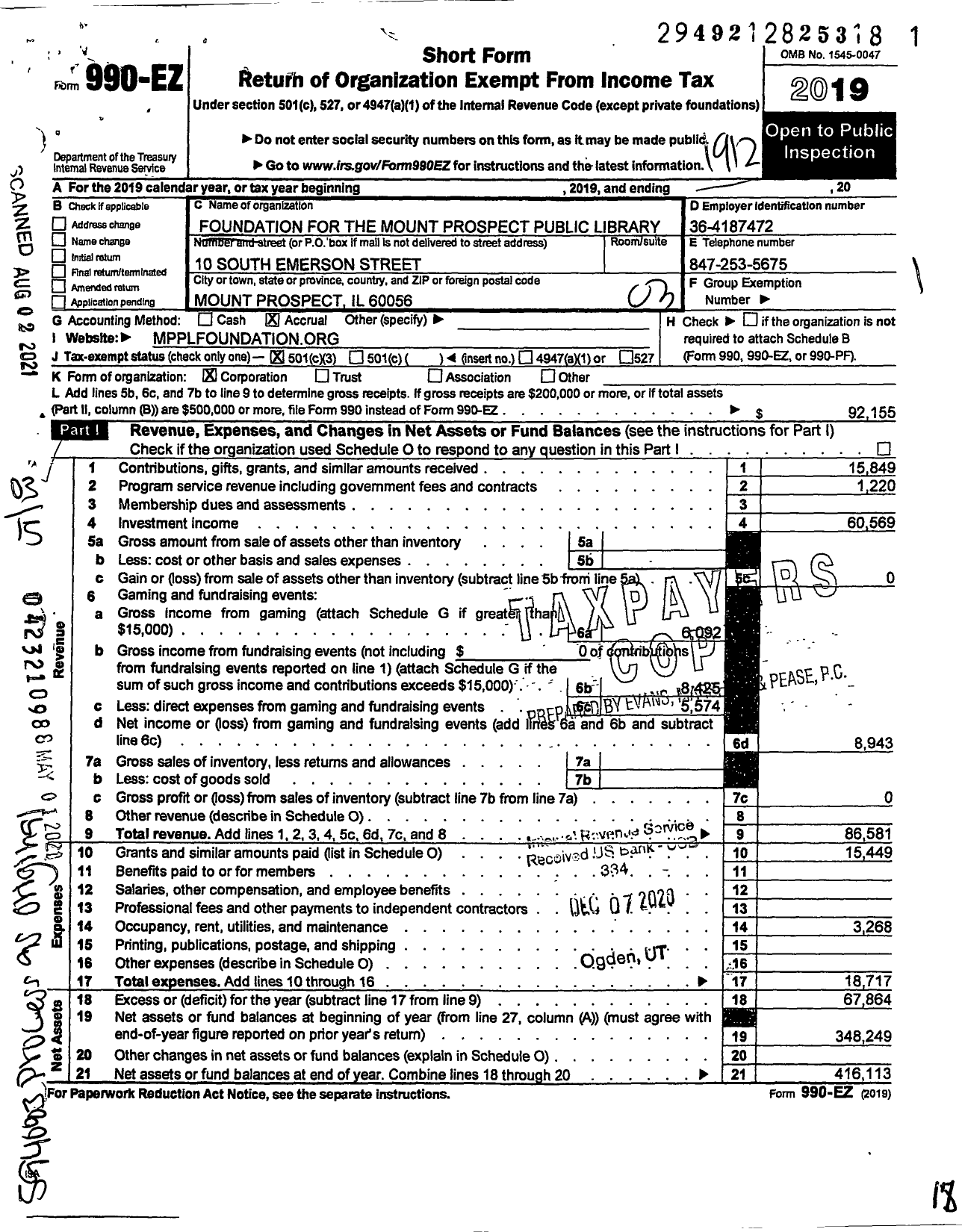 Image of first page of 2019 Form 990EZ for Foundation for the Mount Prospect Public Library