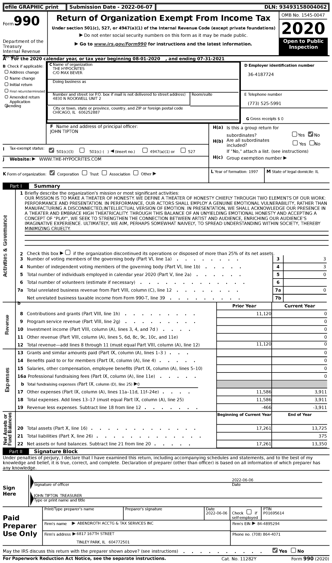 Image of first page of 2020 Form 990 for The Hypocrites